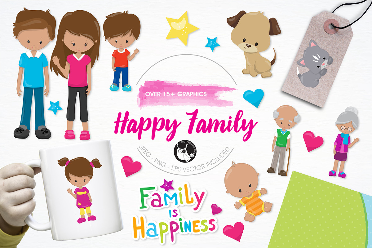 Happy family illustration pack, an Illustration by PrettyBundles (Photo 1 of 5)