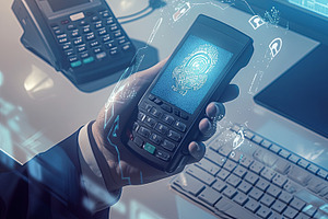Businessman using mobile payment device with futuristic digital screen interfac, an Illustration by AS photostudio