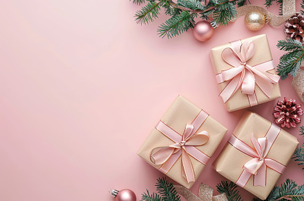 Colorful christmas gift boxes with copyspace on pink background, a Holiday Photo by AlyaAnd