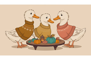 Three Ducks In Cozy Sweaters With