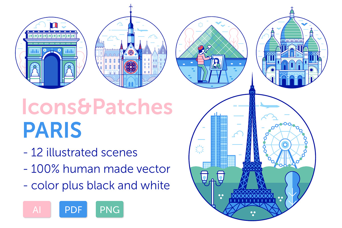 Paris Travel Icons and Patches, an Object Illustration by Alex Krugli (Photo 1 of 5)