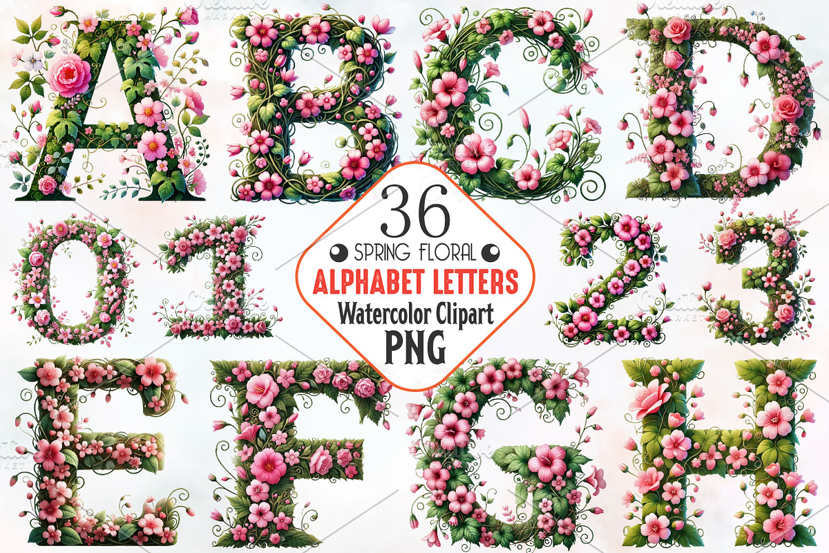 Watercolor Floral Alphabet Clipart, an Illustration by RobertsArt (Photo 1 of 7)