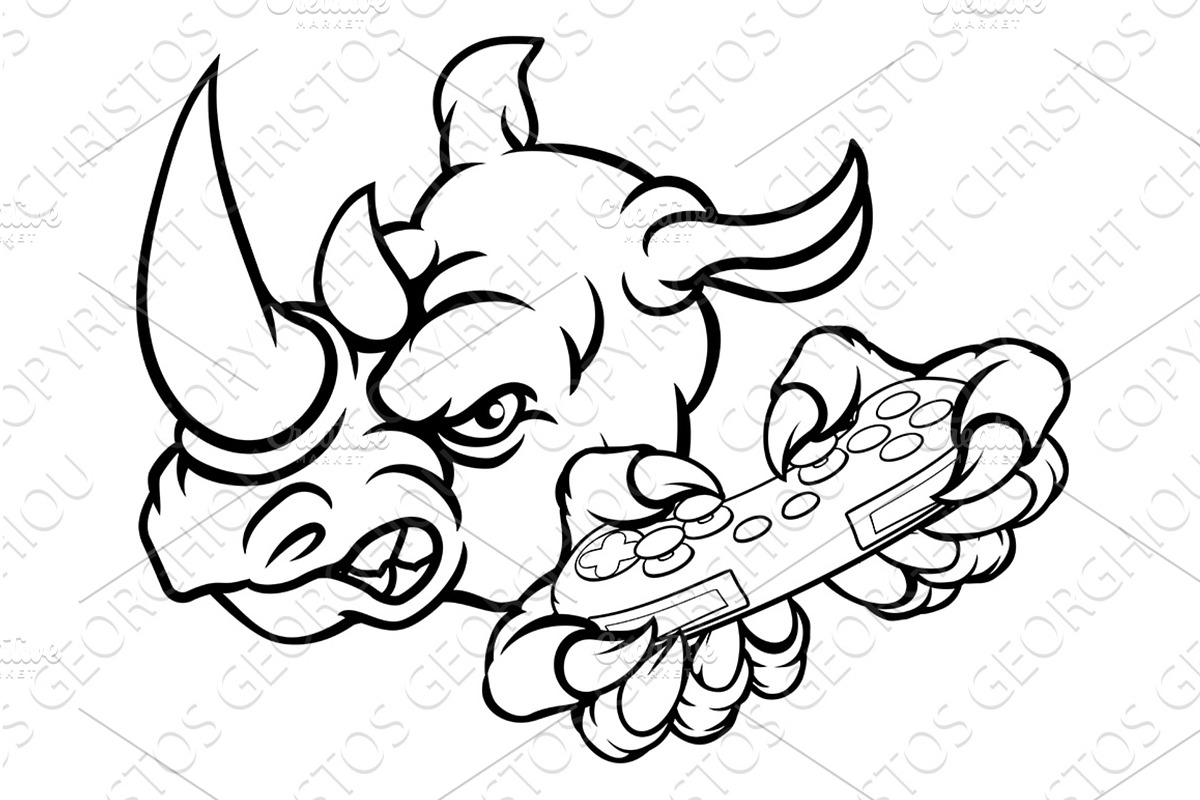 Rhino Gamer Mascot Holding, an Animal Illustration by Christos Georghiou