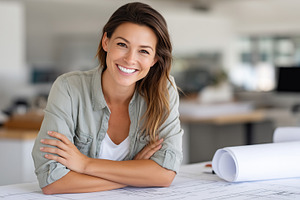 Smiling female architect sitting, an Architecture Photo by MistyDay