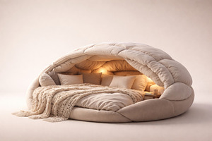Cozy home interior with plush bed an, a Photo by Dvoevnore photos