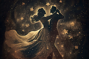 Silhouette of a couple of dancers dancing surrounded by stars in, a Photo by José Manuel Gelpi