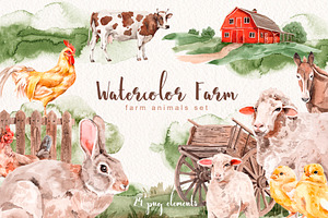 Watercolor farm animal set