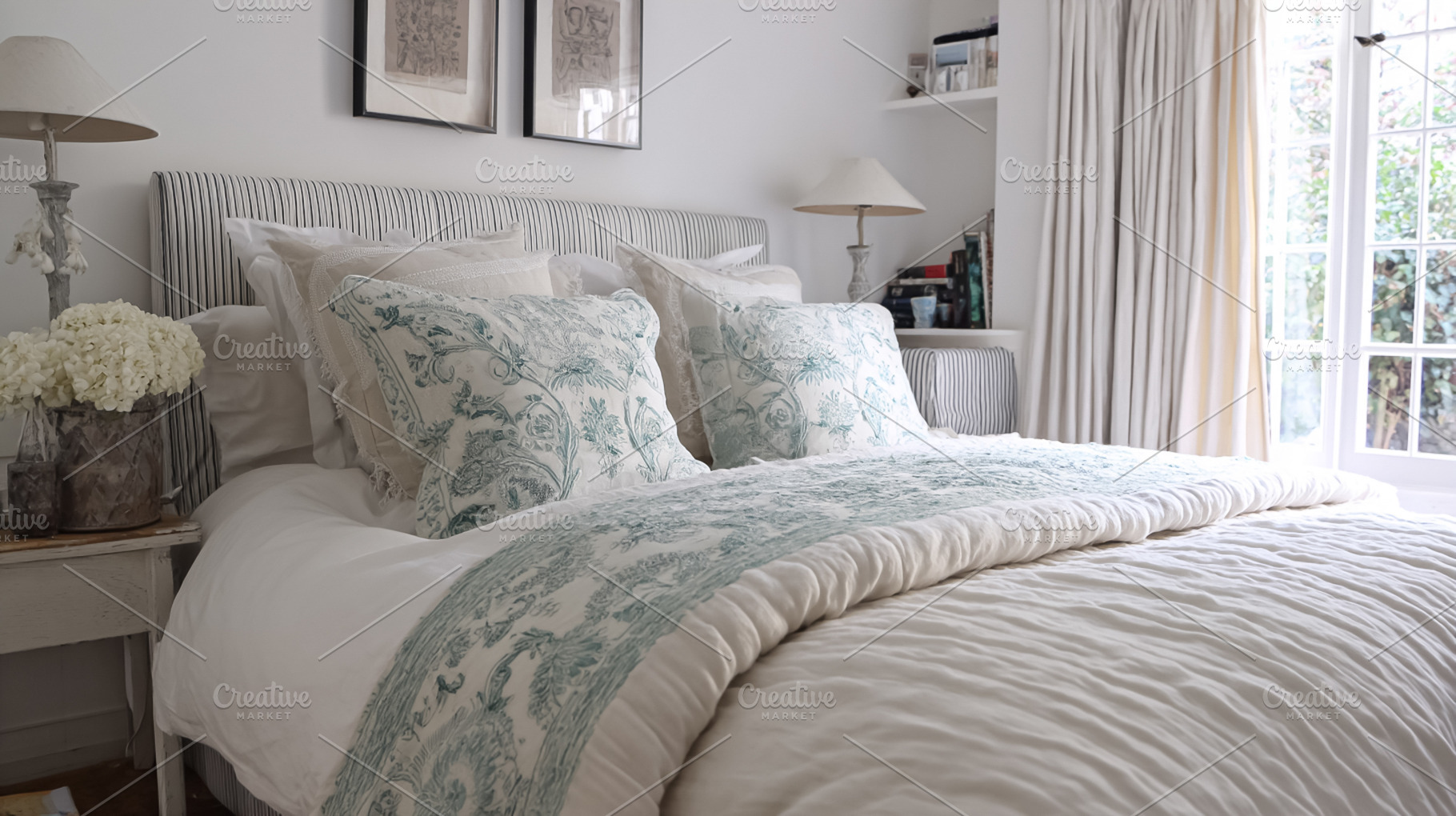 Cozy elegant bedroom interior featuring a bed with patterned pil, a Photo by Studio ANNA
