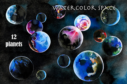 Watercolor space. 12 planets