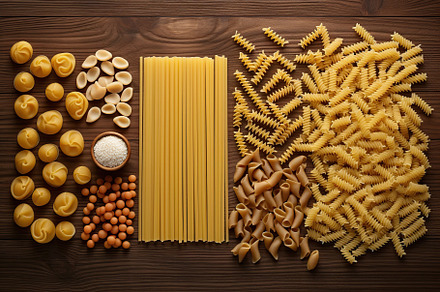 Various kind of uncooked pasta. Generative AI, a Food & Drink Photo by AlyaAnd