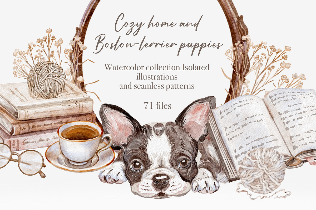 Cozy Home And Boston Terrier Puppies, an Object Illustration by Shabbypie (Photo 1 of 4)