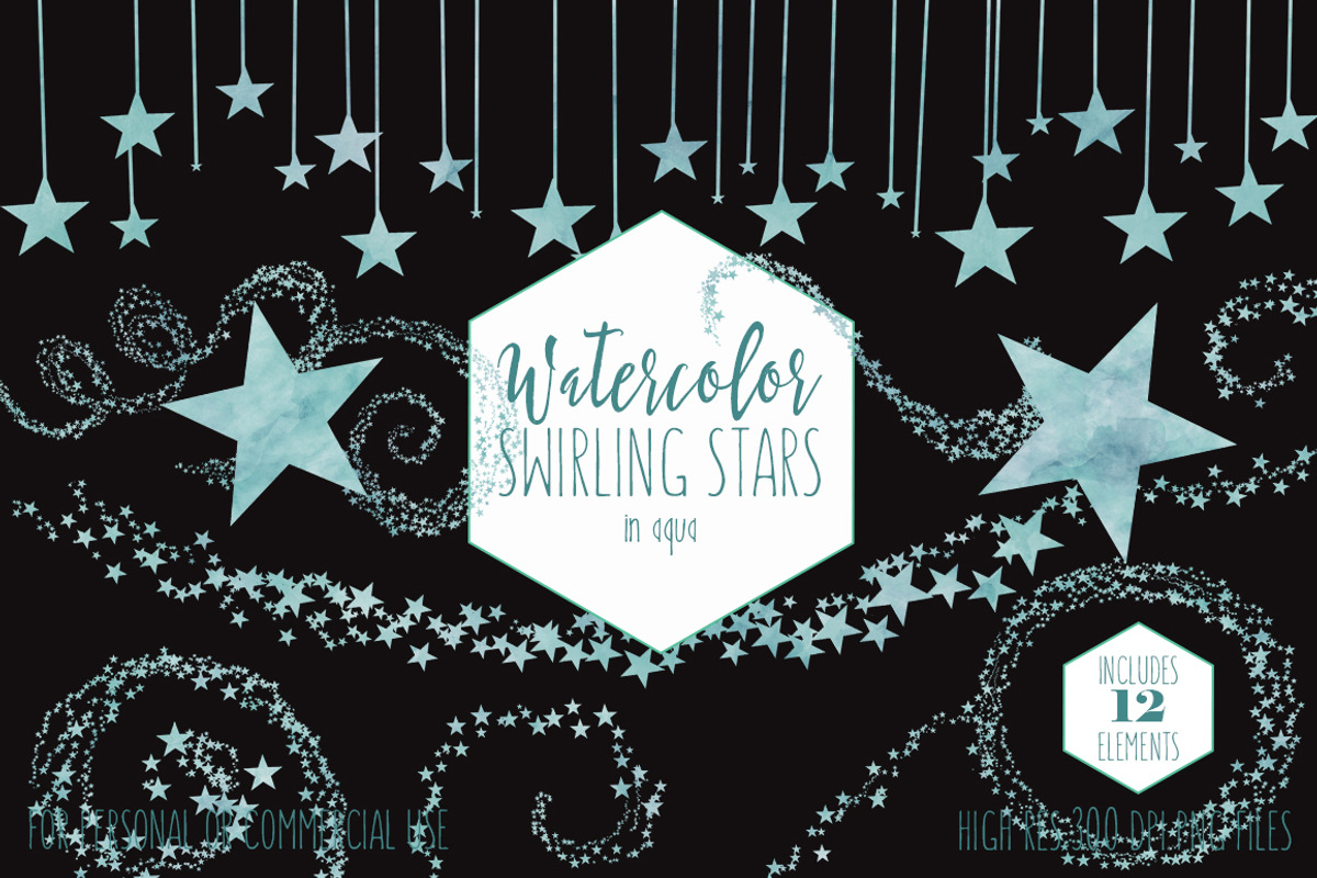 Aqua Watercolor Swirling Stars, an Object Illustration by ClipartBrat Graphics (Photo 2 of 5)
