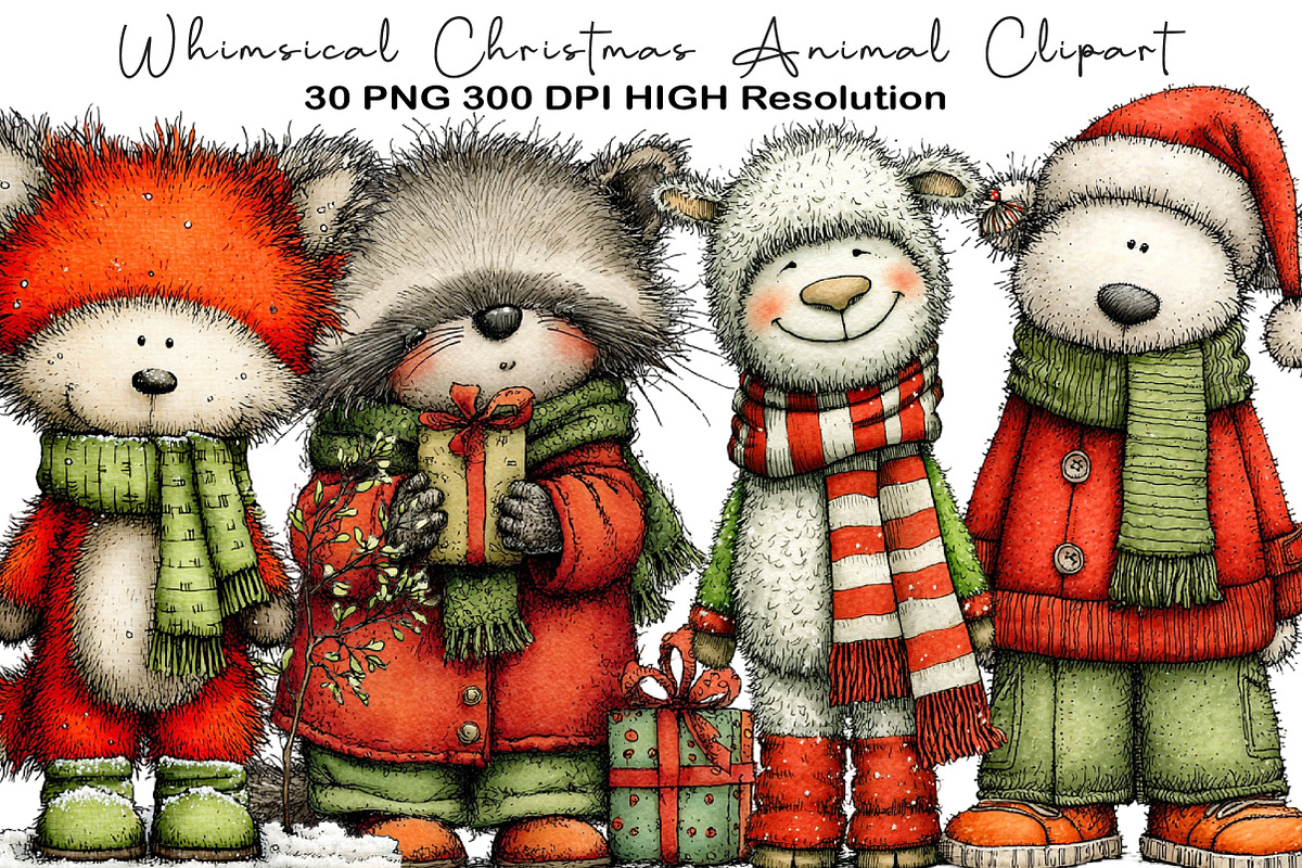 Whimsical Christmas Animal Clipart, an Illustration by Black Bird Studio (Photo 1 of 6)