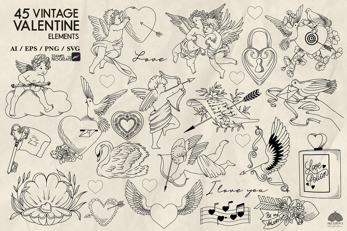 Vintage Valentine line art, a Decorative Illustration by Skliarova (Photo 2 of 5)