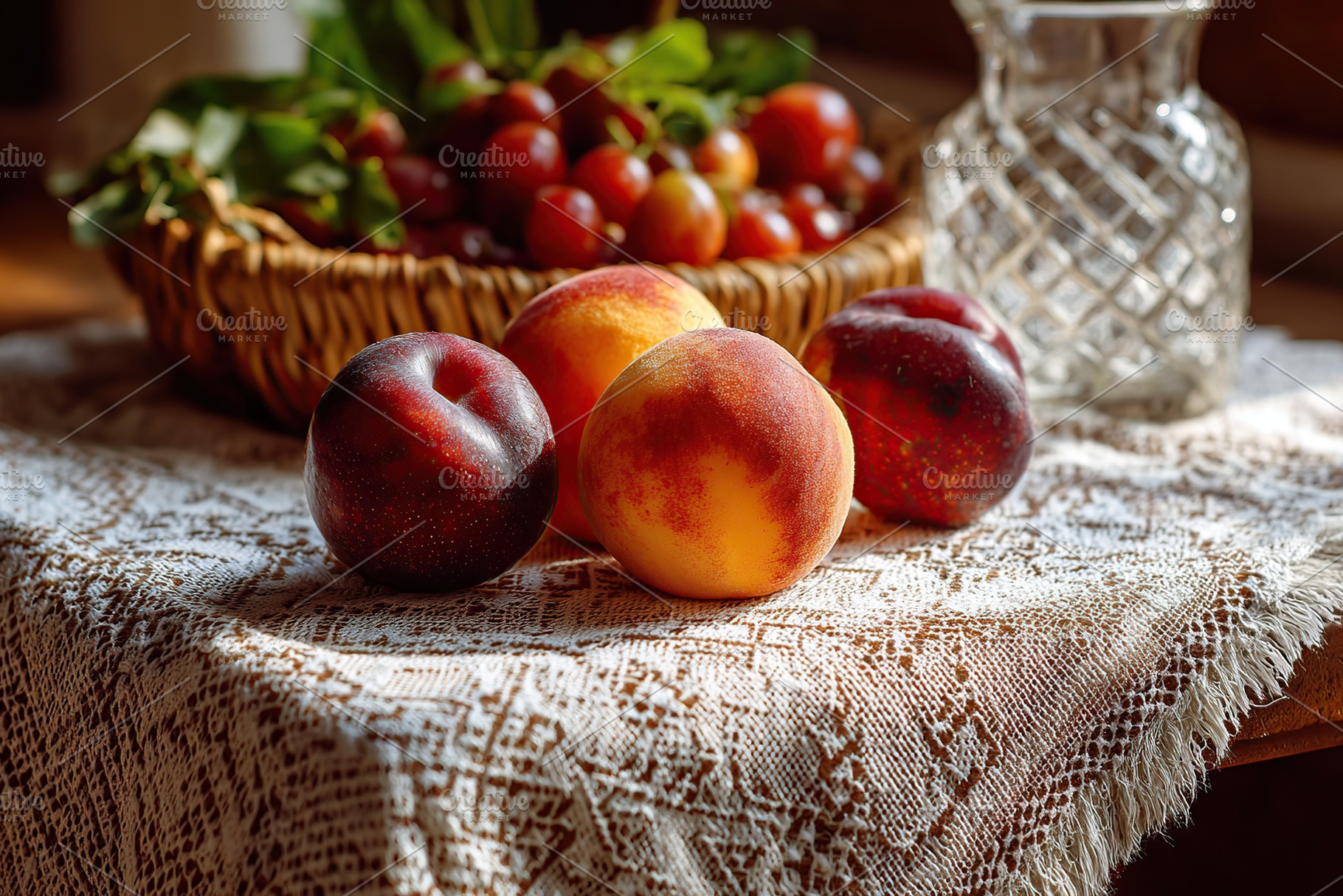 Late summer fruits displayed on a rustic kitchen table with a woven basket of g, a Food & Drink Photo by AlyaAnd