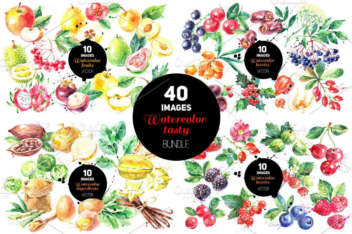 BUNDLE Watercolor Tasty Vector Set, a Food Illustration by Elena Pimonova (Photo 1 of 5)