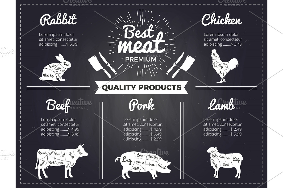 Hand drawn illustrations of domestic animals. Design template of menu ...
