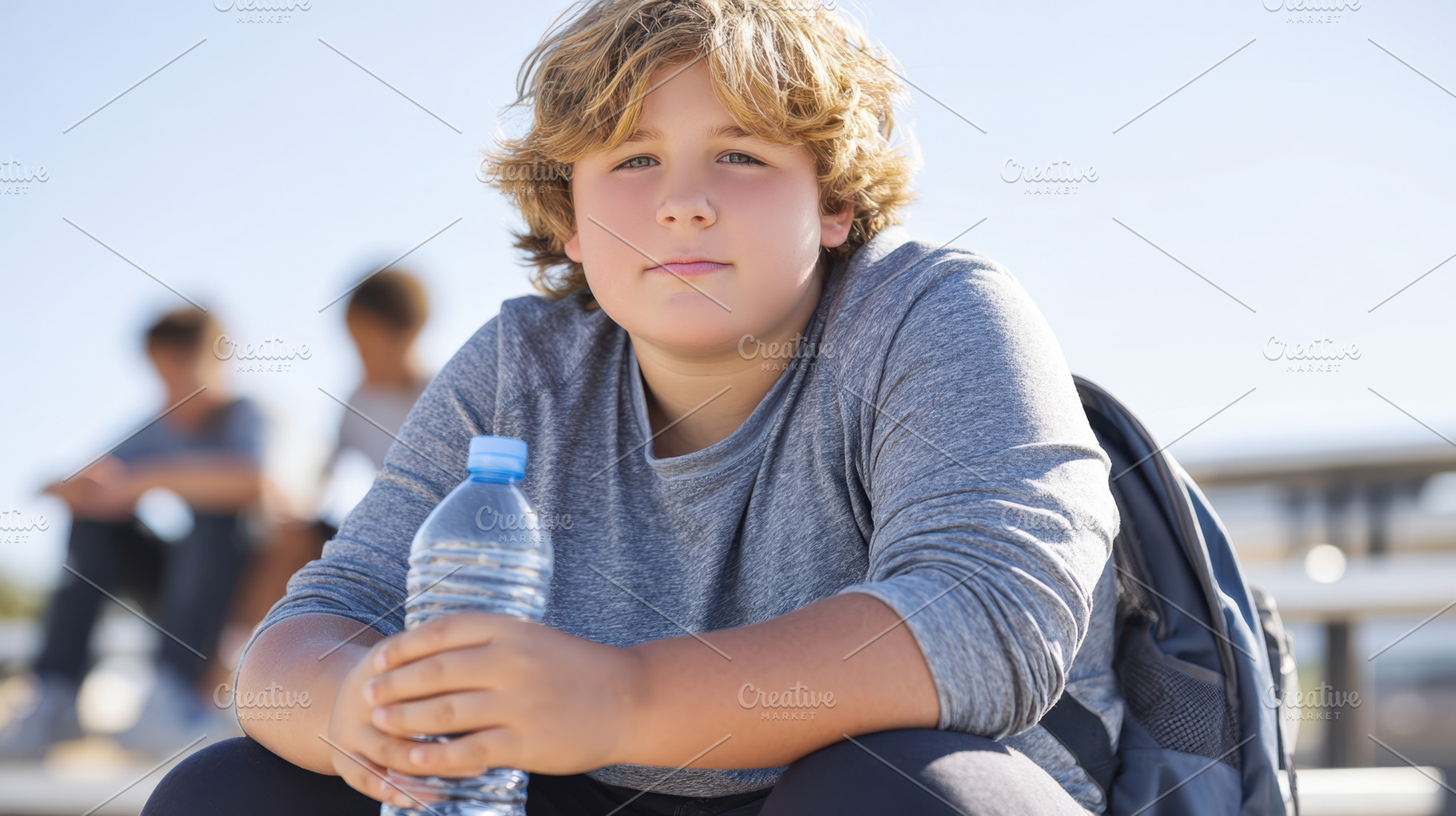 Thoughtful overweight boy on bleachers with drink, a Person Photo by AlyaAnd