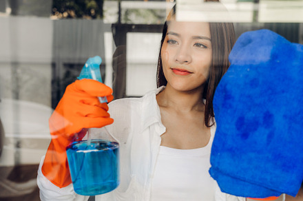 Young asian woman in protective gloves using a spray and rag whi, a Person Photo by Art_Photo