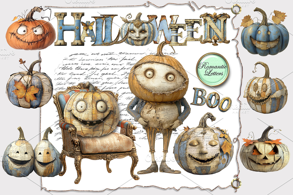 Quirky Halloween Pumpkin Clipart Kit, a Decorative Illustration by Area (Photo 2 of 17)