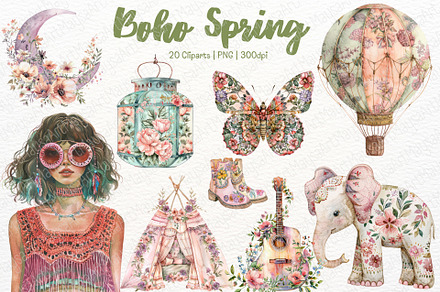 Boho Spring Watercolor Clipart