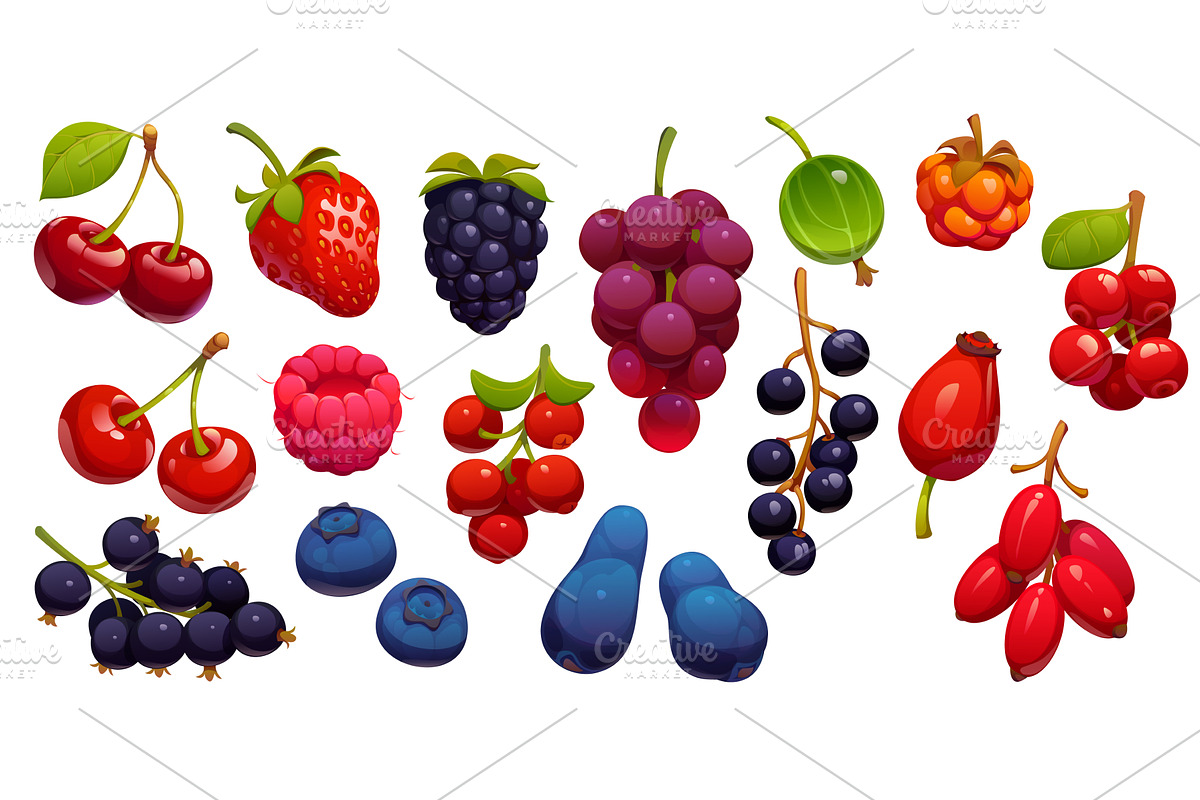 Cartoon berry set with juicy cherry, a Food Illustration by Vector Tradition