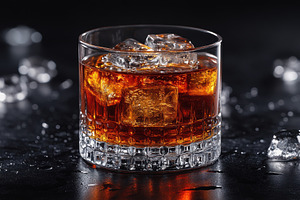 Rich amber drink with ice cubes in a, a Photo by Tanuart