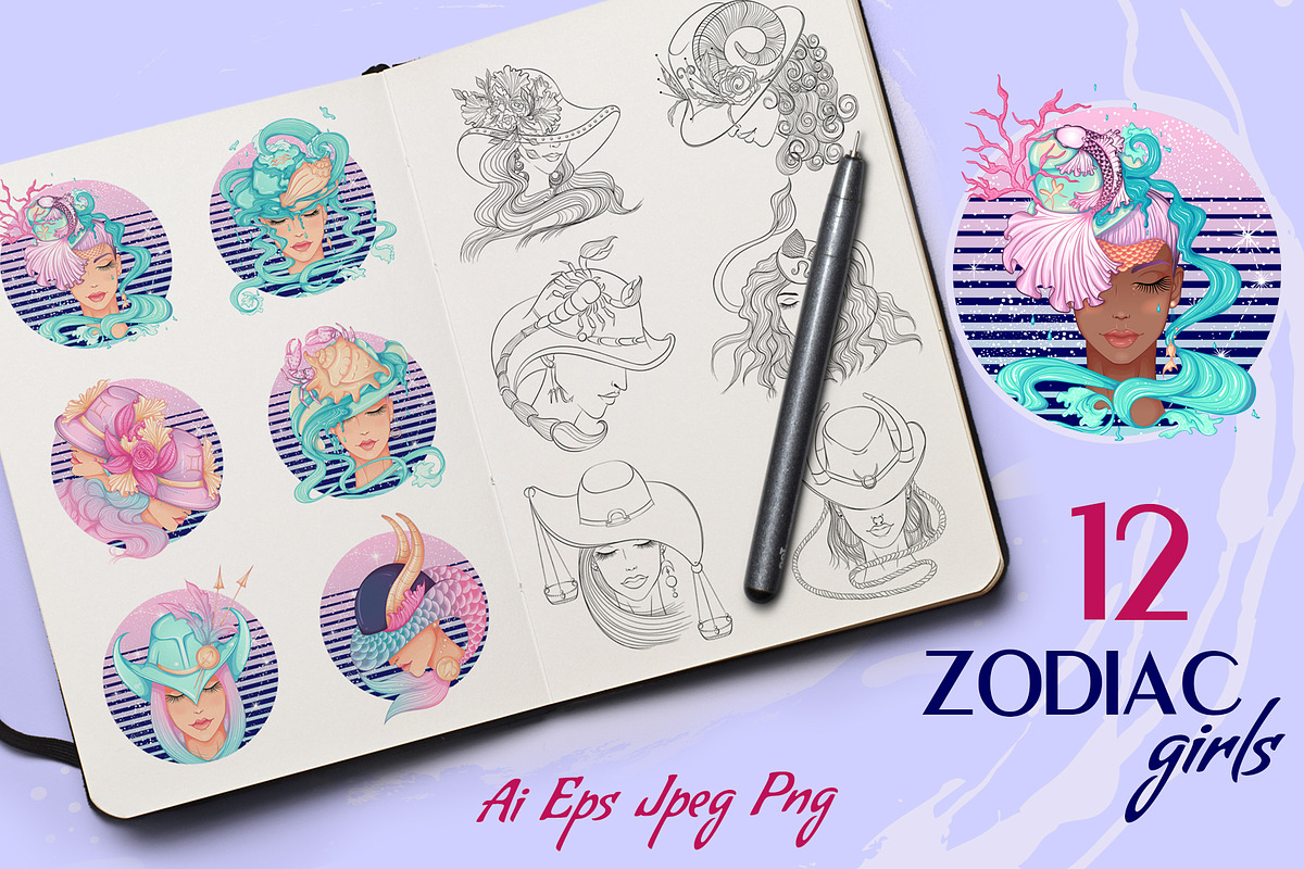 12 Zodiac Girl Hand Drawn Collection, an Illustration by ennona_art (Photo 1 of 11)