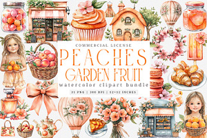 Watercolor Cute Peaches Garden Fruit, an Illustration by SinaCreation