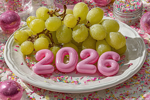 New Year celebration with green grapes, pink 2026 numbers, and c, a Holiday Photo by José Manuel Gelpi
