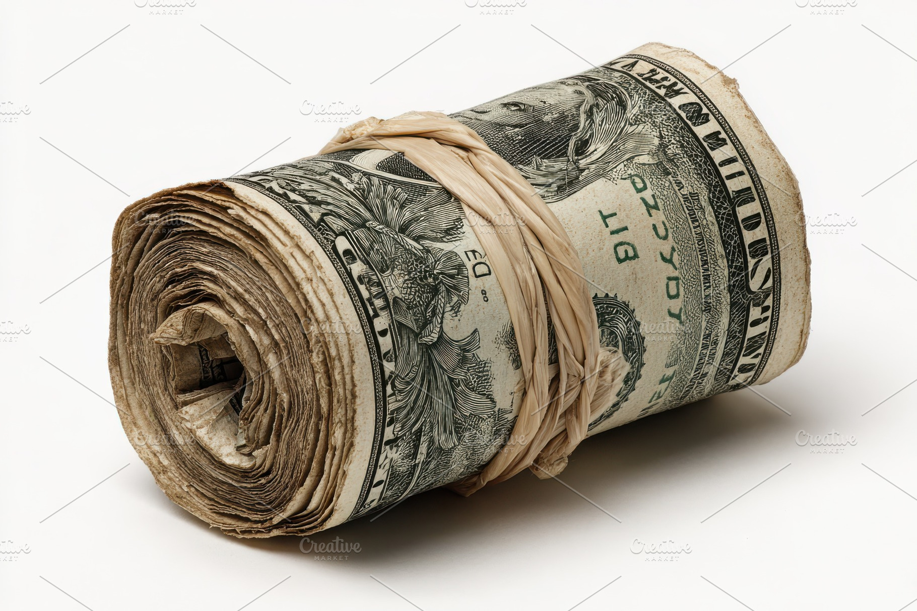 Rolled up dollar bills secured with, a Photo by Pixeness Studio