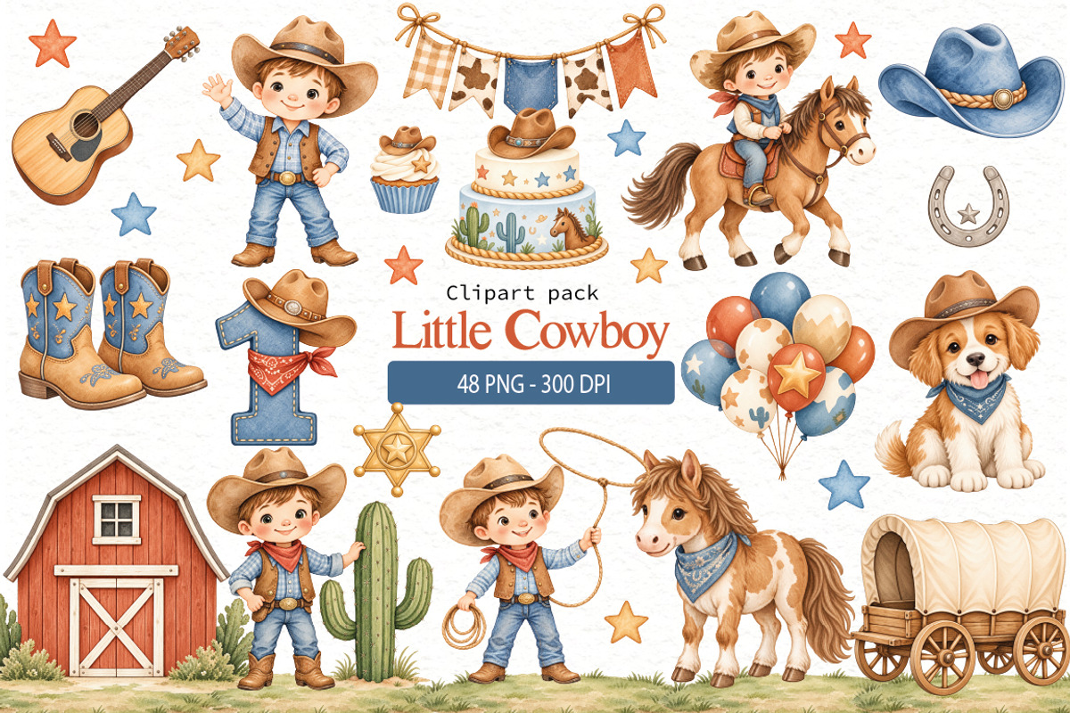 Little Cowboy Clipart Bundle, a Person Illustration by Villa 11 Estudio (Photo 1 of 8)