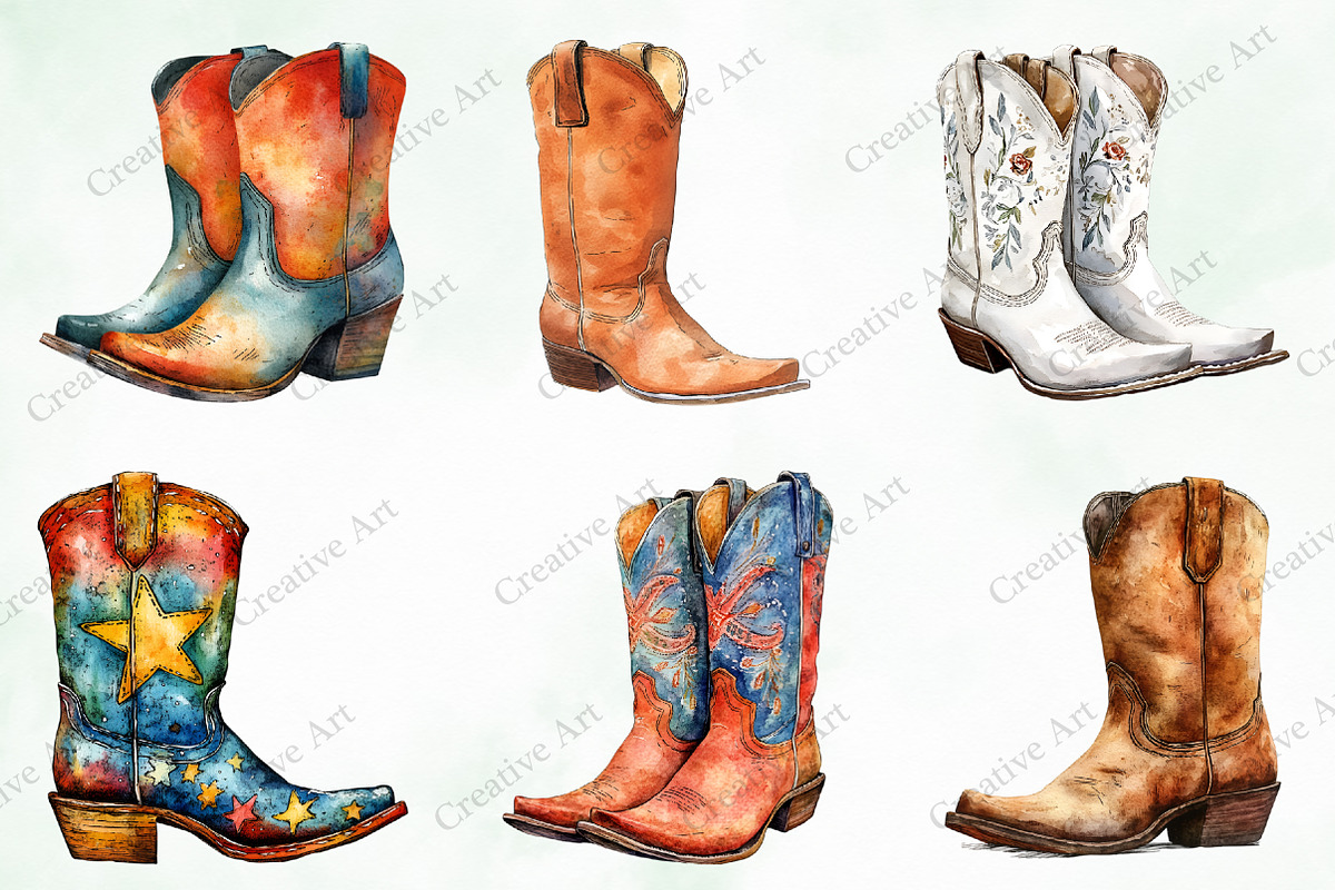 Western Boots Watercolor Clipart, an Illustration by Creative Art (Photo 6 of 10)