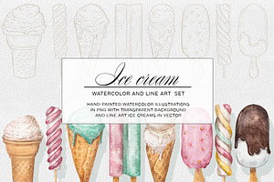 Watercolor & Line Art Ice Cream Set, a Food Illustration by Garden in frame