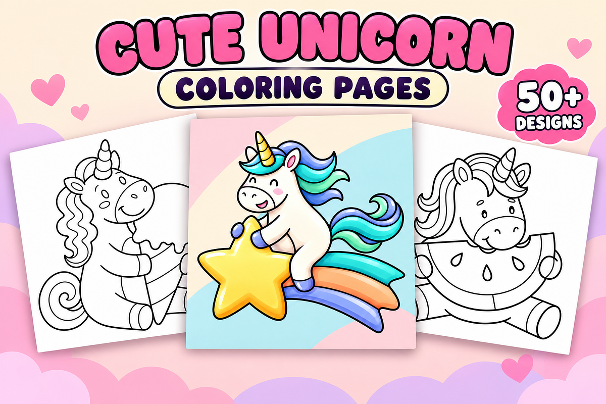 Cute Unicorn Coloring Pages Vol. 3, a Seasonal Illustration by Inkivelle Studio (Photo 1 of 3)