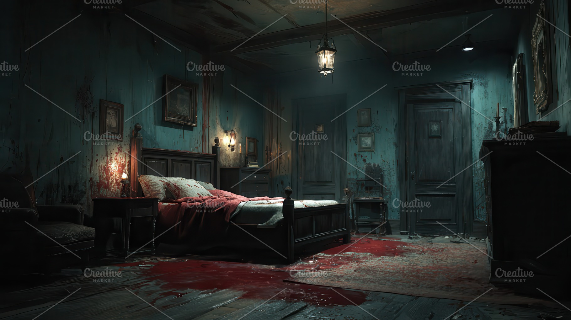 Bloodstained Bedroom Dark Room Horro, a Photo by Pixeness Studio