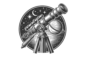 telescope with night sky and planets, an Illustration by AlexArt