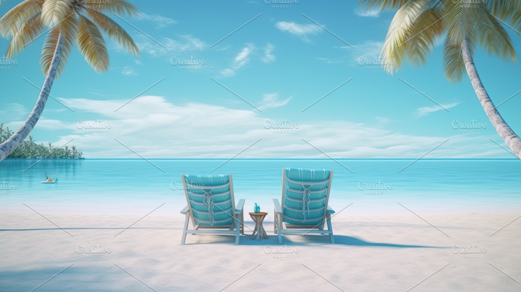 Illustration of deck chairs on sandy beach near palm tree. Generative AI, a Nature Photo by AlyaAnd