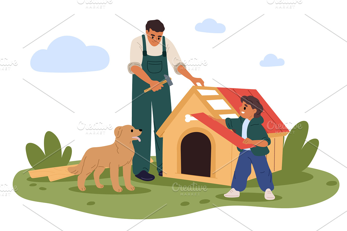 Man and boy build wooden house for, an Animal Illustration by Vectorbuum