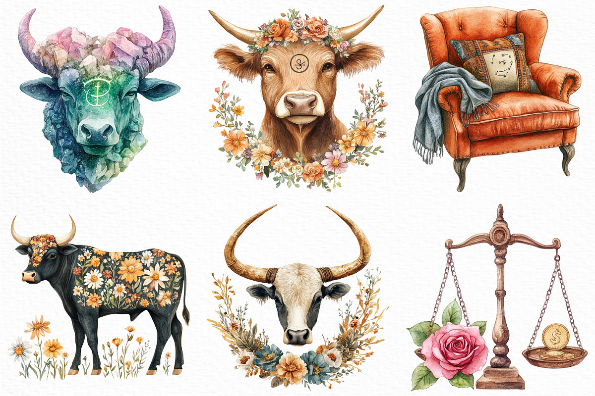 Watercolor Taurus Season Clipart, an Illustration by Craft Nest (Photo 3 of 6)