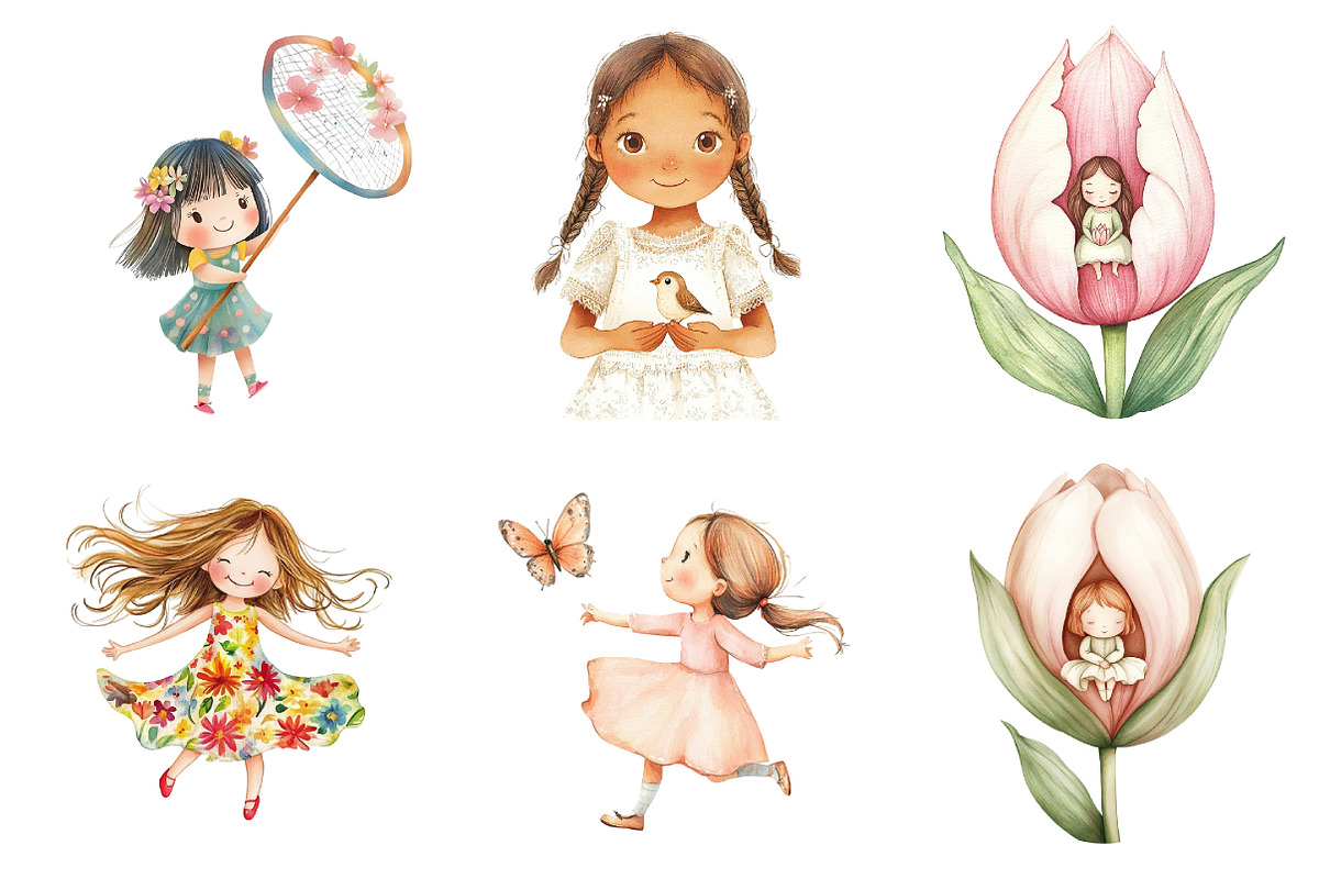 Spring Cute Little Girl Clipart, a Seasonal Illustration by DreamArtGraphic (Photo 2 of 4)