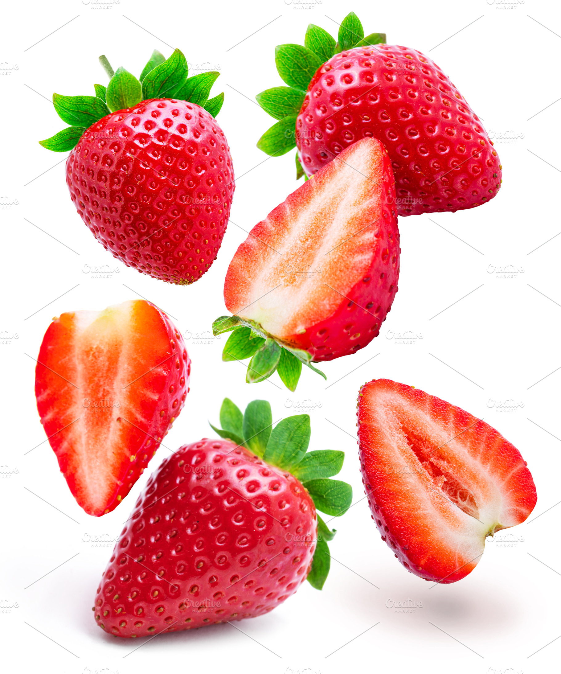 Flying in air strawberries and slice, a Food & Drink Photo by Volff