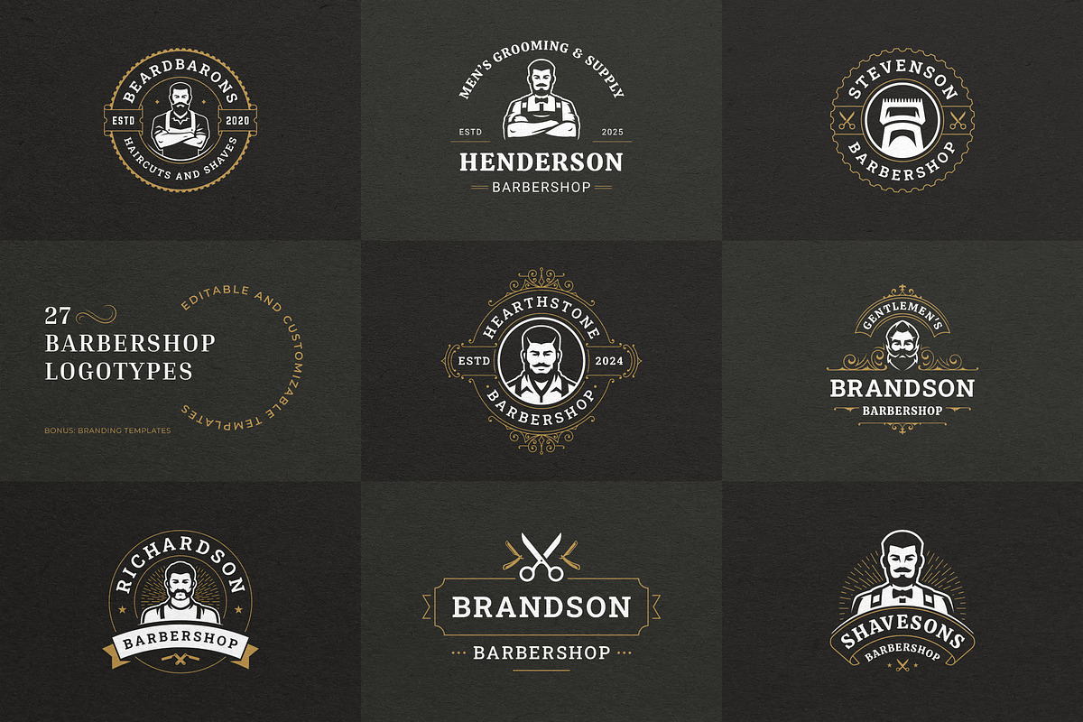 27 Barbershop Logotypes, a Branding & Logo Template by Vasya Kobelev (Photo 1 of 10)