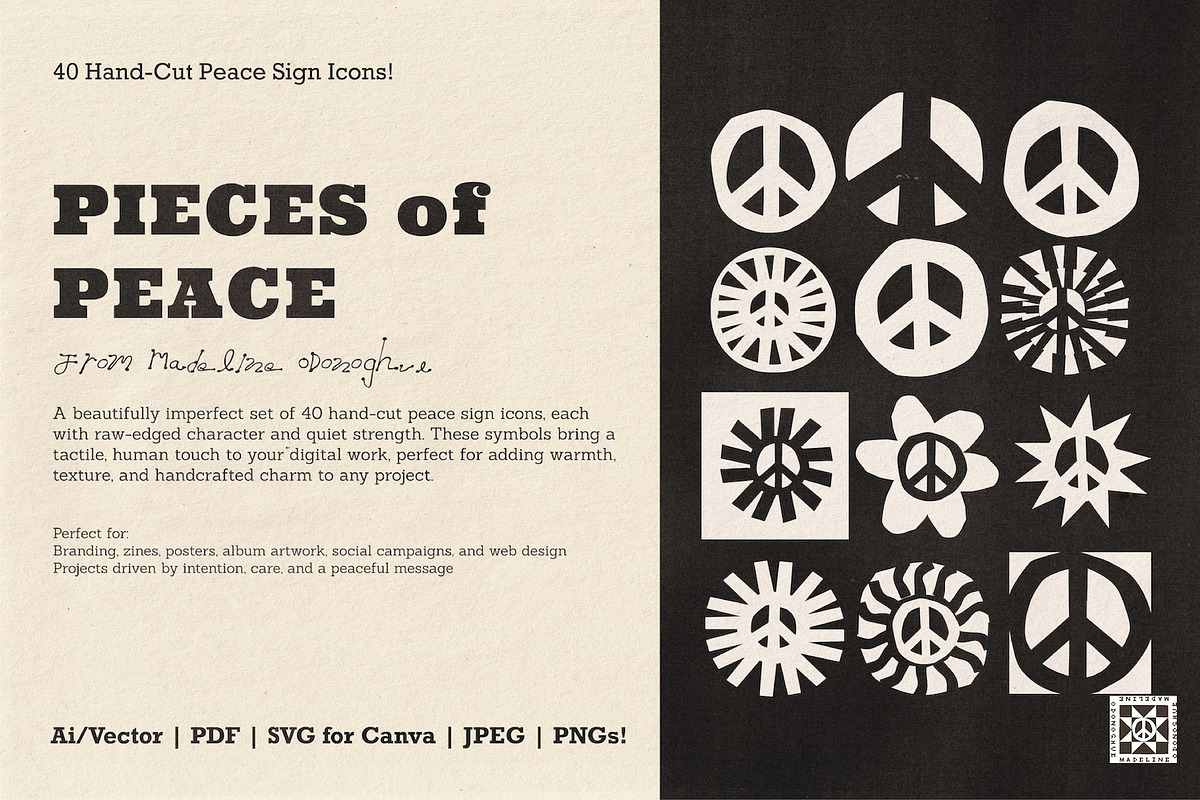 Peace Pieces 40 Hand-Cut Peace Icons, a Decorative Illustration by Madeline ODonoghue Design (Photo 1 of 10)