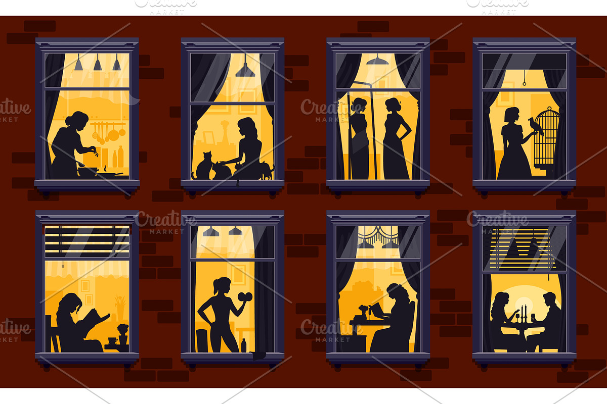 Female and couple in night windows, a Person Illustration by Vector Tradition
