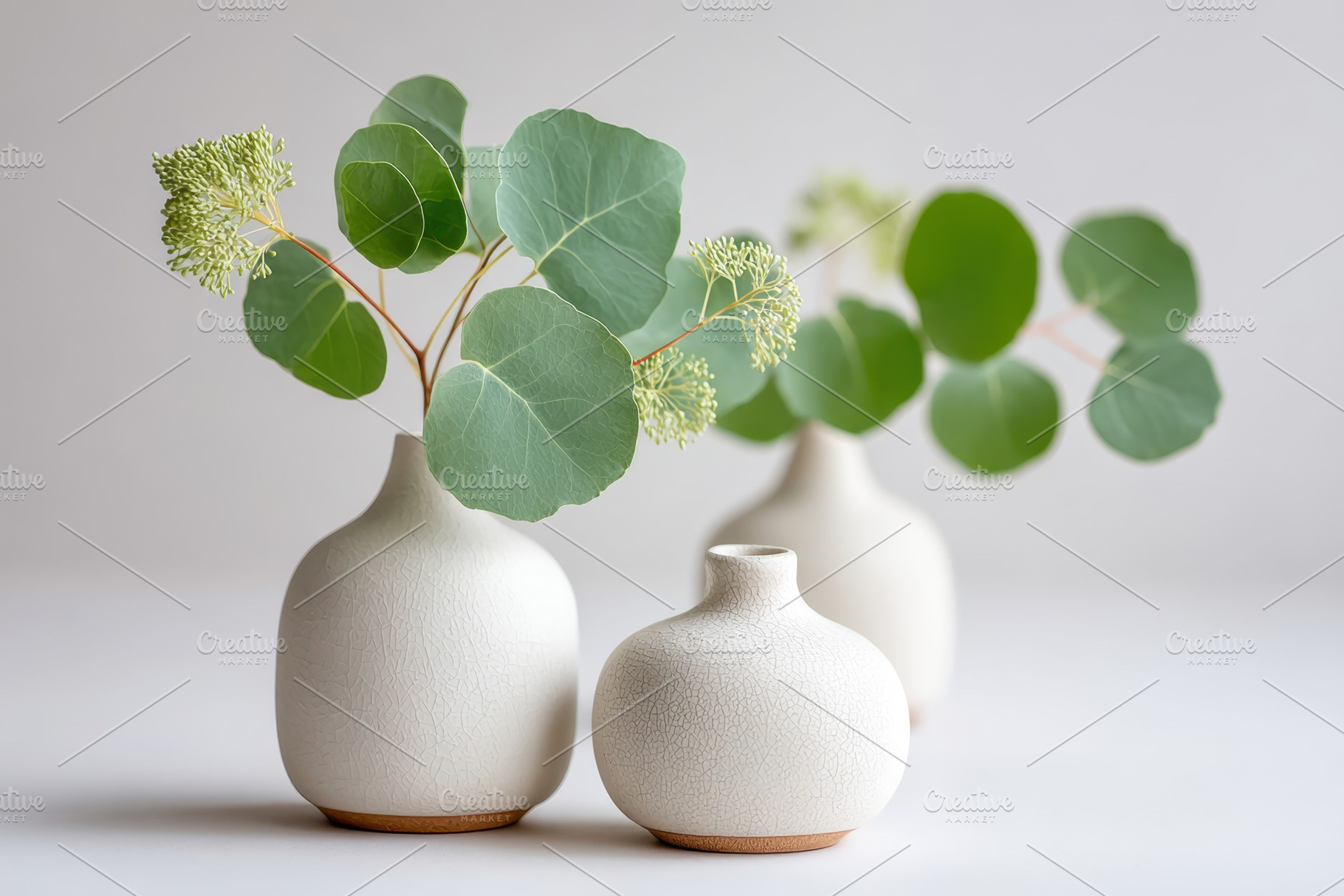 Minimalist green foliage in ceramic vases with soft natural light, a Nature Photo by AlyaAnd