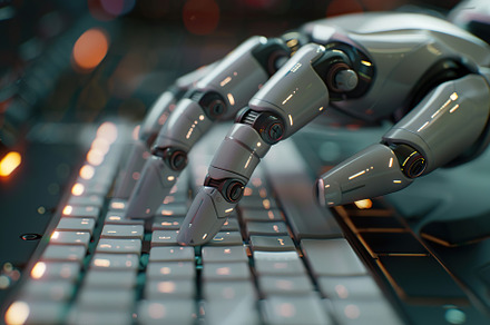 Robot hand types on keyboard, a Technology Photo by AlyaAnd