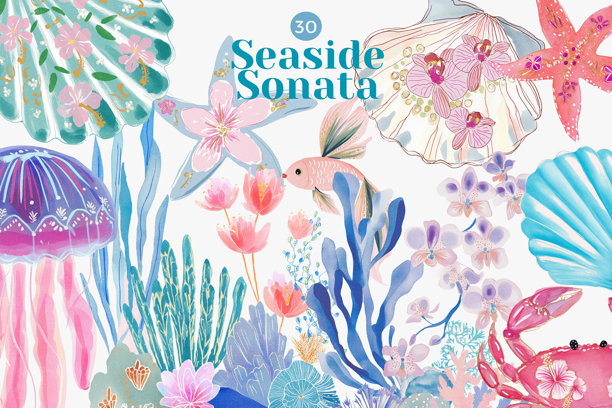 coastal watercolor clipart bundle, a Decorative Illustration by Patishop Art (Photo 1 of 11)