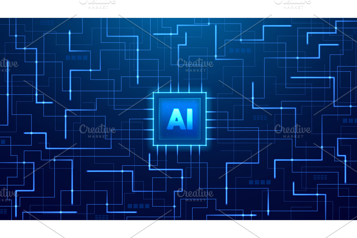 Technology banner with AI chip, a Technology Illustration by Andrey Yaroslavtsev