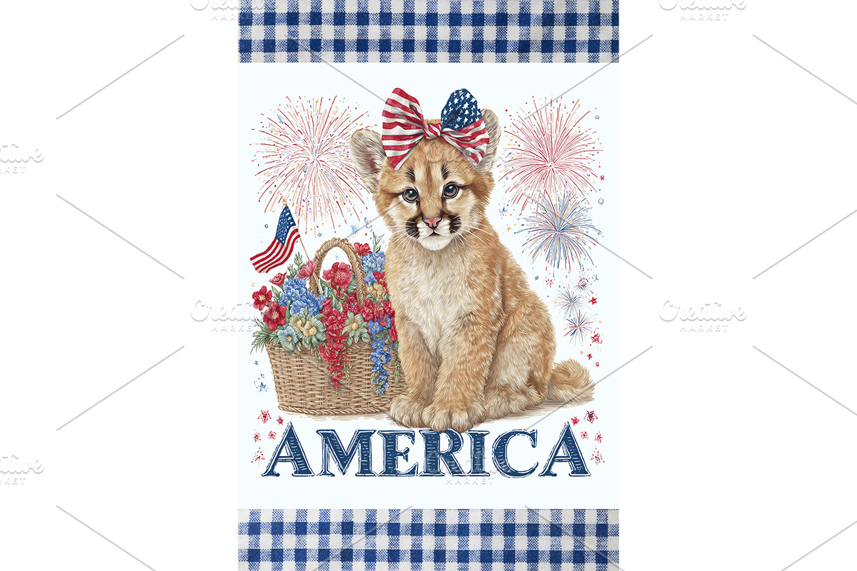Patriotic Cougar Cub USA Wall Art, an Animal Illustration by Art Paradise Studios